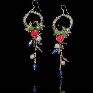 Handmade Bohemian Floral Wedding Earrings - Beaded Chandelier Dangles